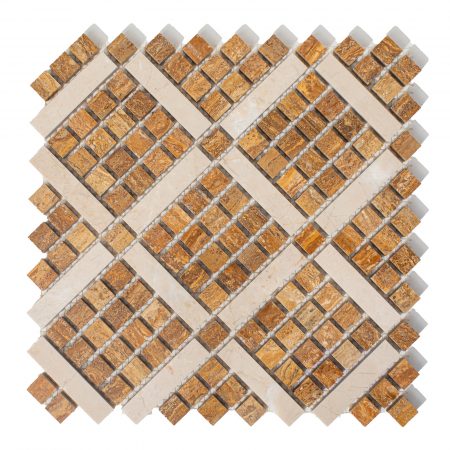 Mozaika trawertynowa kostki z brązowego trawertynu kona brown i beżowego marmuru cream pino kwadraty wielkości 1,5/1,5 cm  cm, grubość plastra 1 cm, wykończenie polerowane