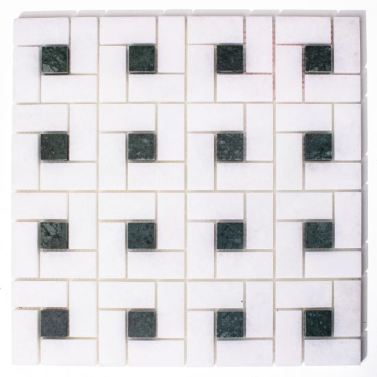 Marmur biały bianco neve & verde laguna mozaika pinwheel