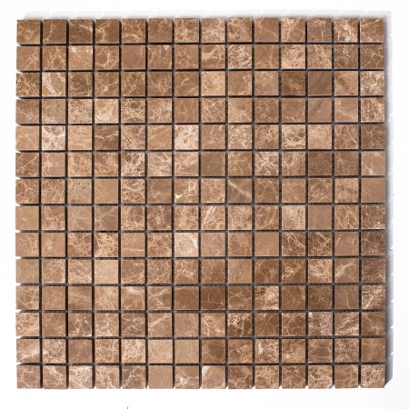 Mozaika marmurowa kostki z brązowego marmuru emperador kwadraty  wielkości  2/2 cm, grubość 1 cm, wykończenie polerowane