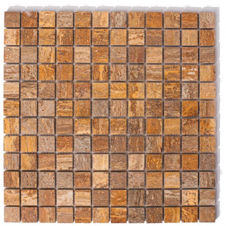 Mozaika trawertynowa kostki z brązowego trawertynu kona brown, kwadraty wielkości  2,3/2,3  cm, grubość 1 cm, wykończenie polerowane