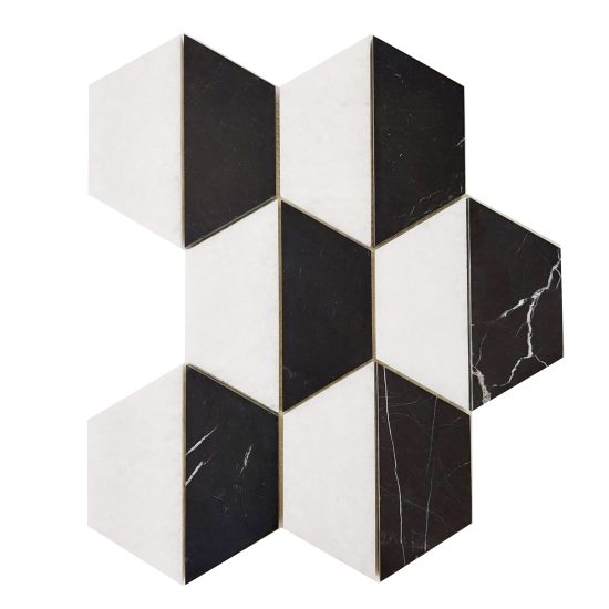 Marmur czarny black silk, bianco neve mozaika hexagon